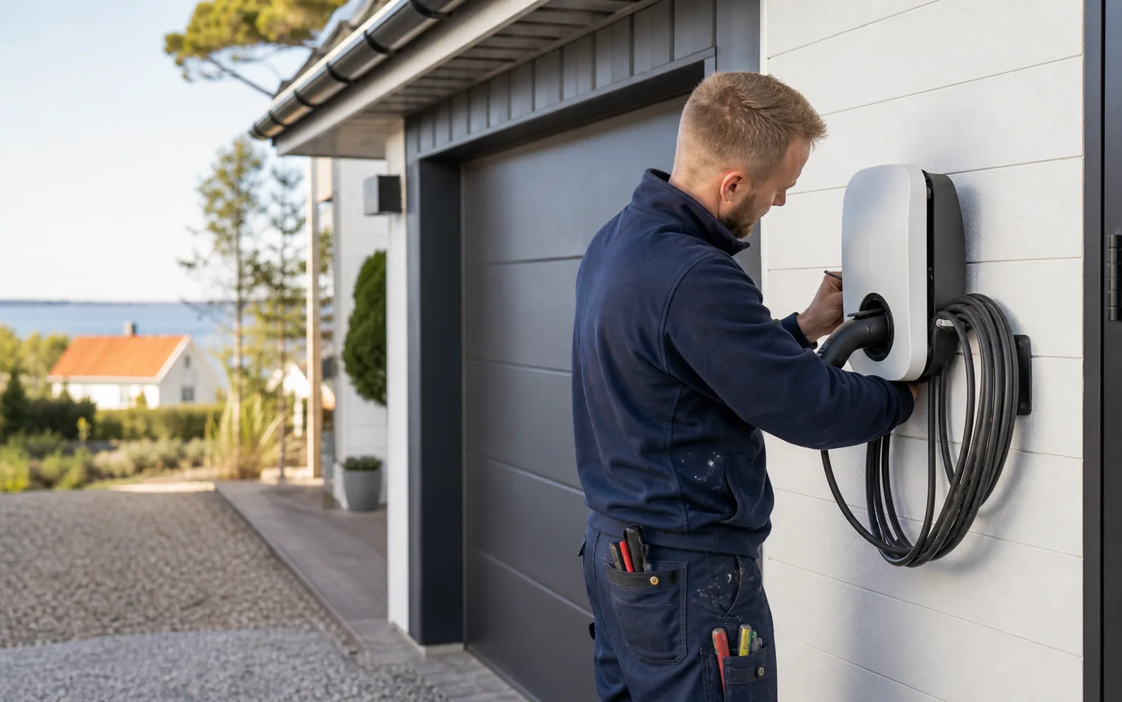 Elektriker installerar laddbox på fasad
